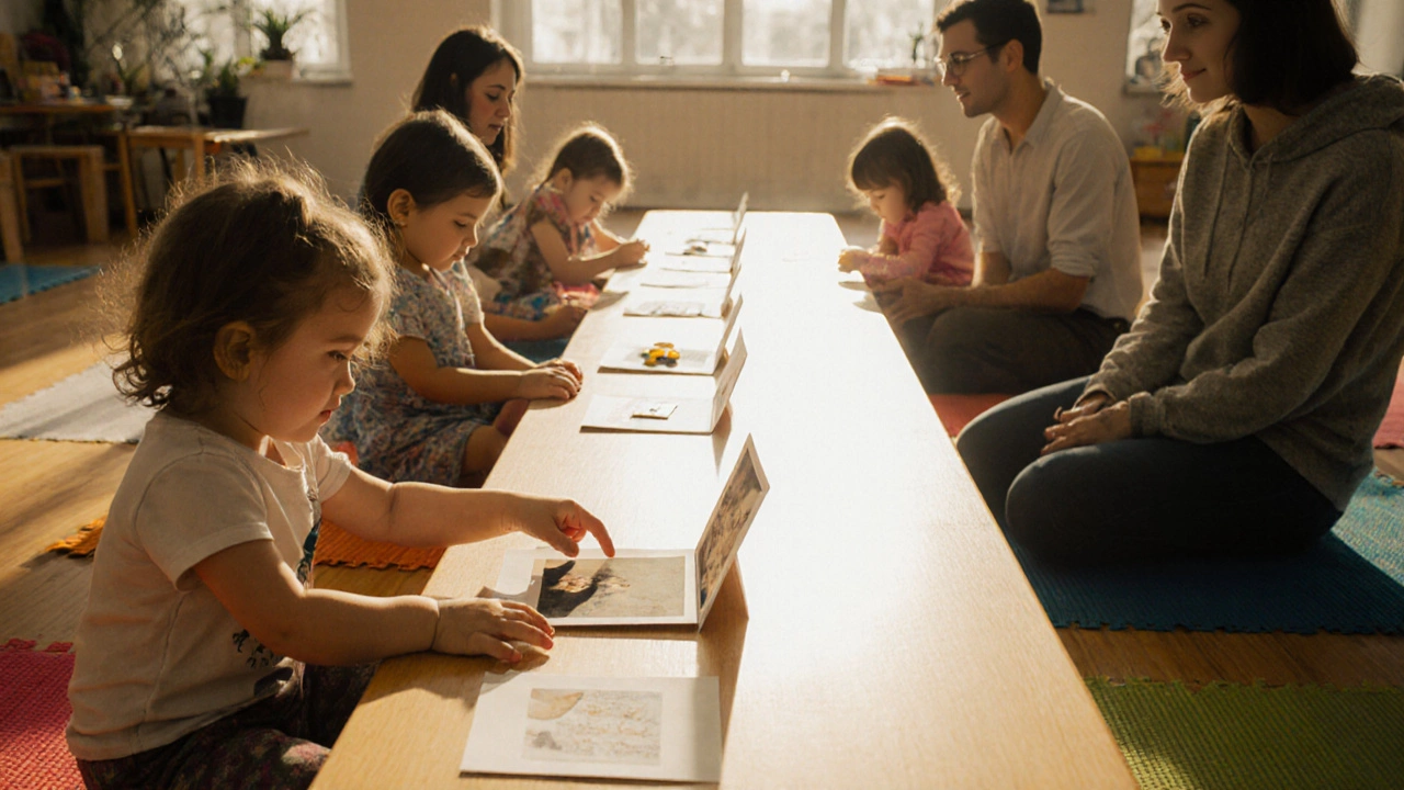 Дети и родители делятся личными вещами на столе воспоминаний в тёплой атмосфере.
