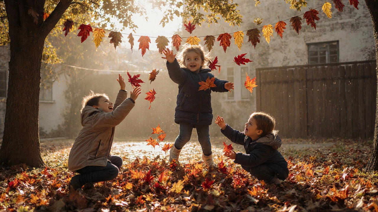 Дети прыгают и играют с опавшими листьями на осеннем дворе детского сада.