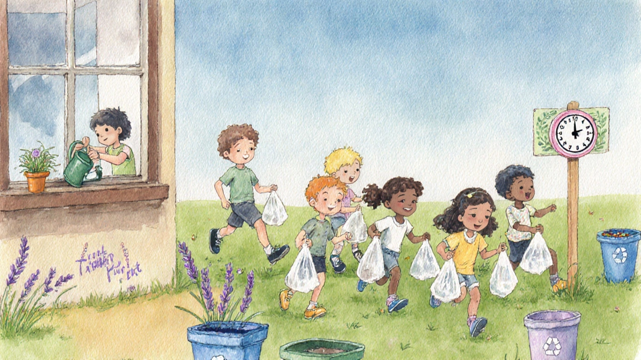 Дети с мешочками собирают мусор в парке, рядом цветные контейнеры и горшок с растением.