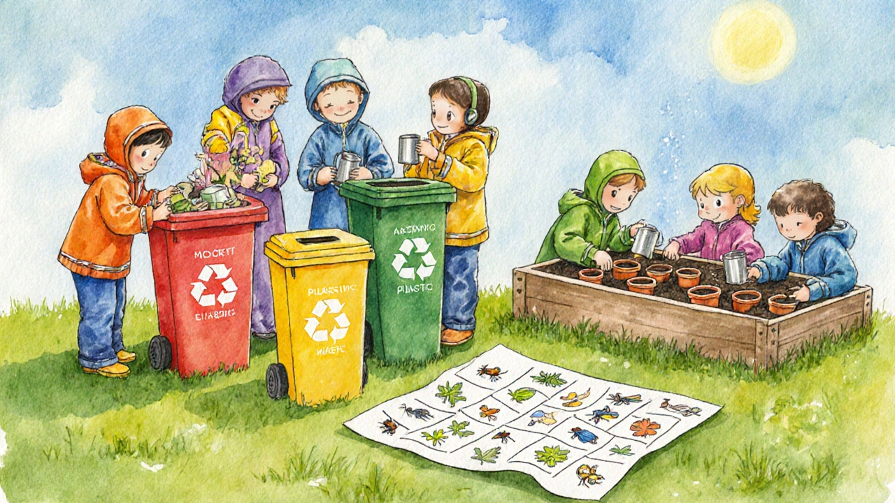 Дети сортируют мусор и высаживают рассаду во время экологической игры.