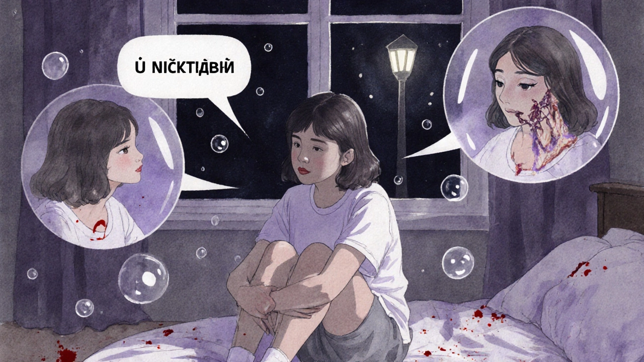 Подросток в комнате, окружённый плавающими словами критики и отражениями газлайтинга.