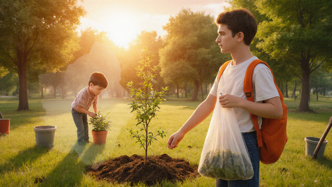 Подросток возглавляет уборку парка, вспоминая уроки из детского сада.