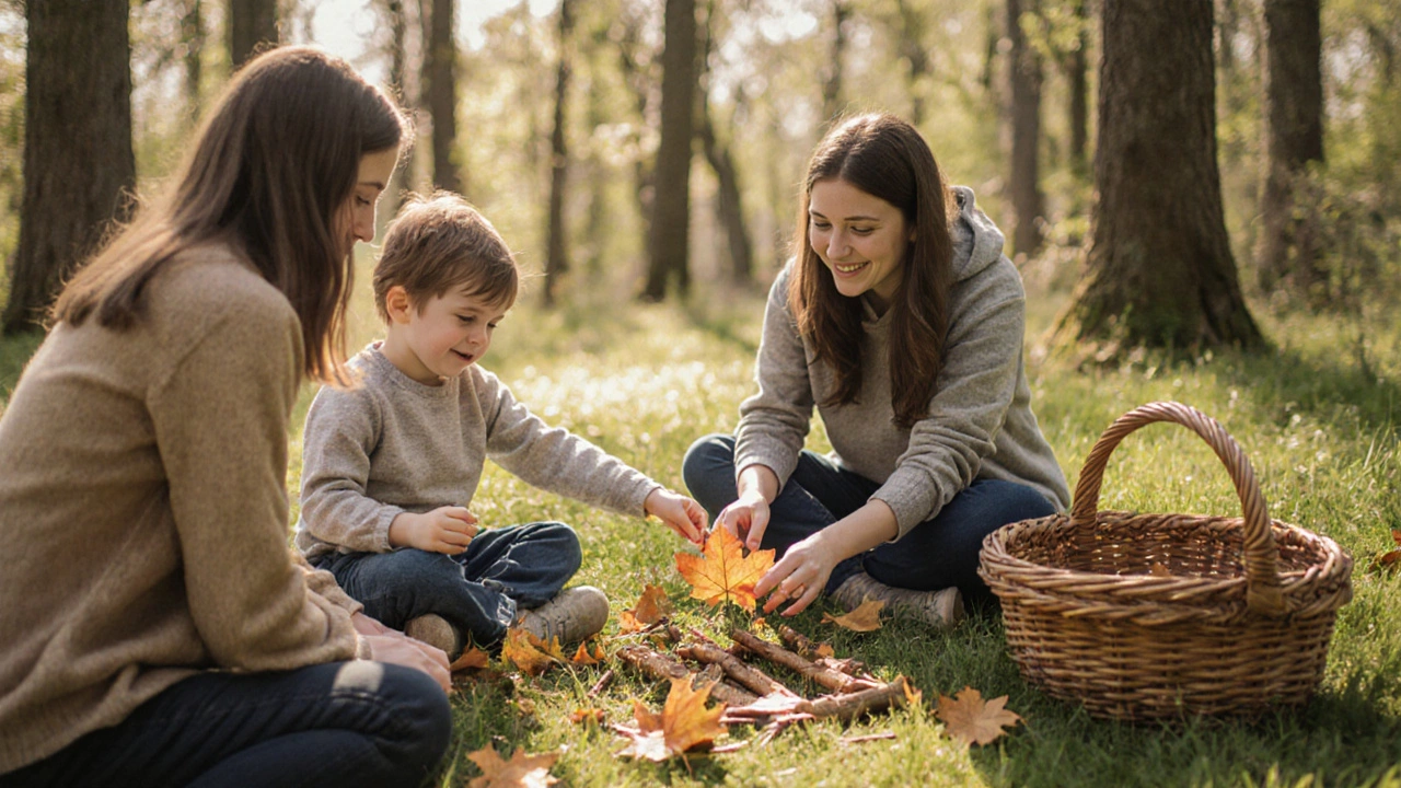 Семьи гуляют на природе, собирают листья и складывают веточки, чтобы создать буквы под наблюдением воспитателя.