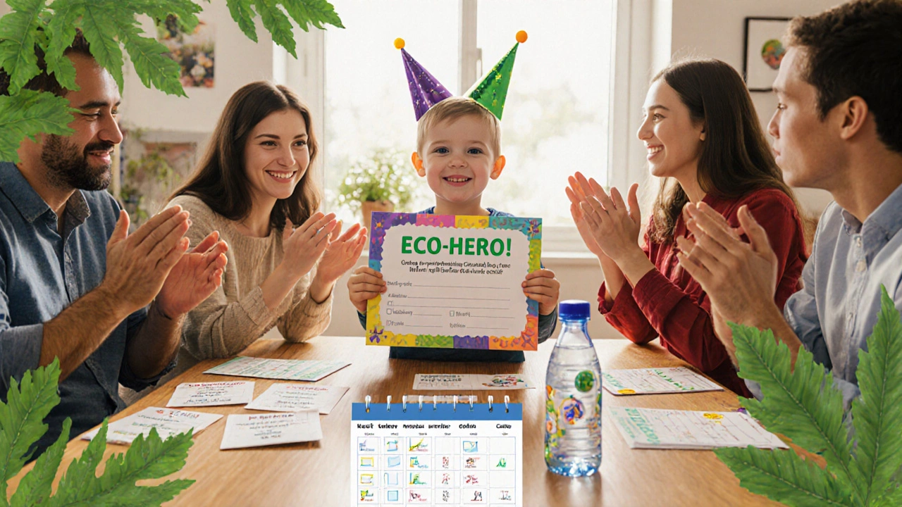 Семейное собрание у столика: ребёнок получает экологический сертификат, вокруг листы чек‑листа и календарь.