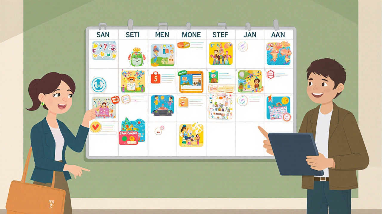 Стена с календарем мероприятий, учителя и родители обсуждают планы.