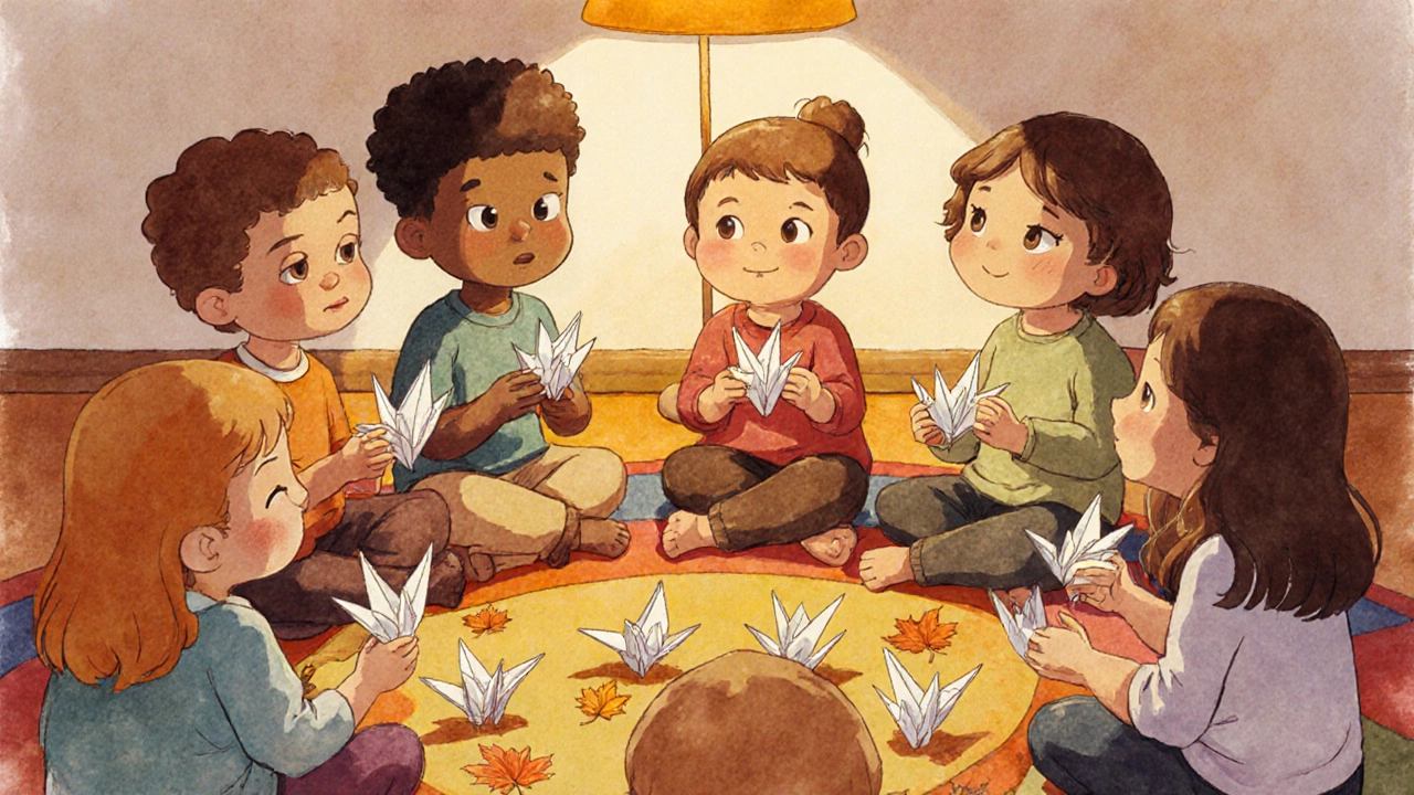 Дети держат бумажных журавликов в кругу, свет лампы освещает их лица