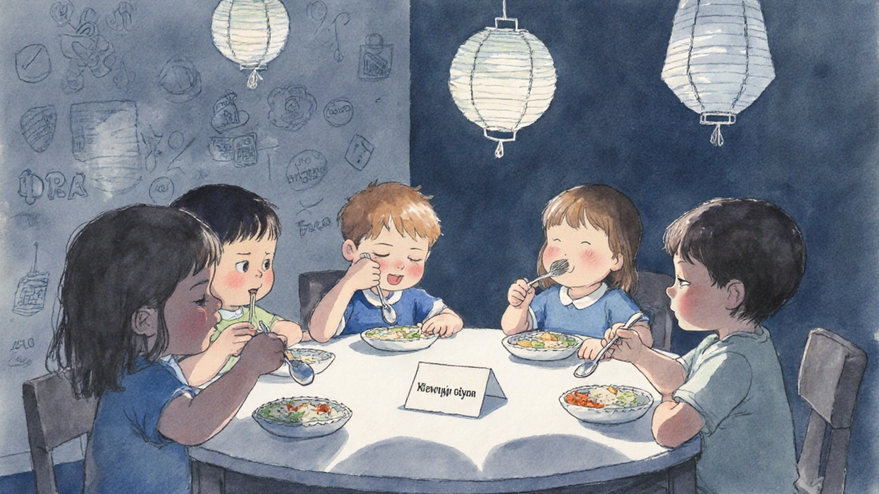 Дети едят с закрытыми глазами, угадывая вкус еды в тихой атмосфере секретного дня.