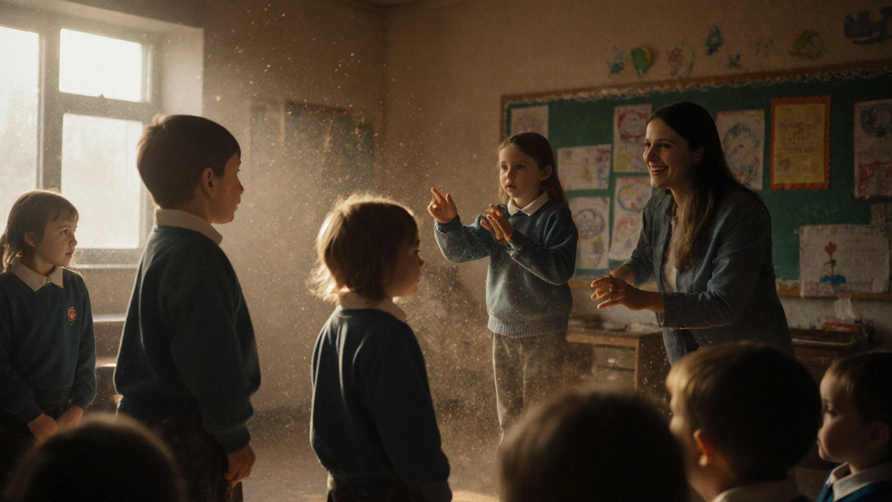 Дети играют сцену в школьном классе, один ребёнок жестикулирует, учитель наблюдает с улыбкой.
