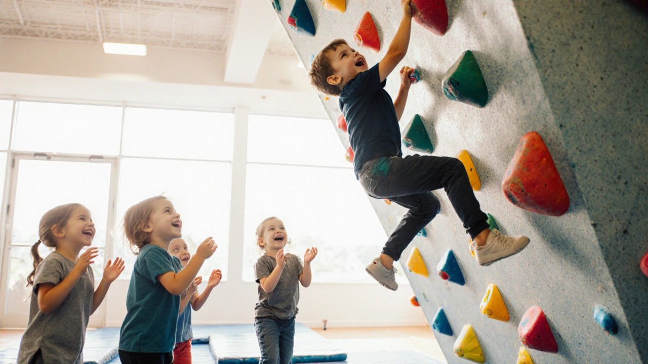 Дети лазают по детской скалолазной стене, смеясь и подбадривая друг друга.