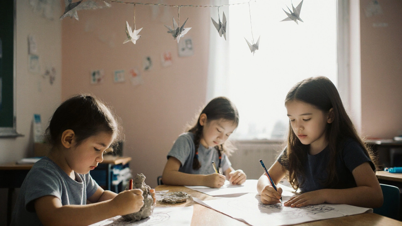 Дети занимаются творчеством без оценок: лепят, рисуют и двигаются под музыку в спокойной атмосфере.