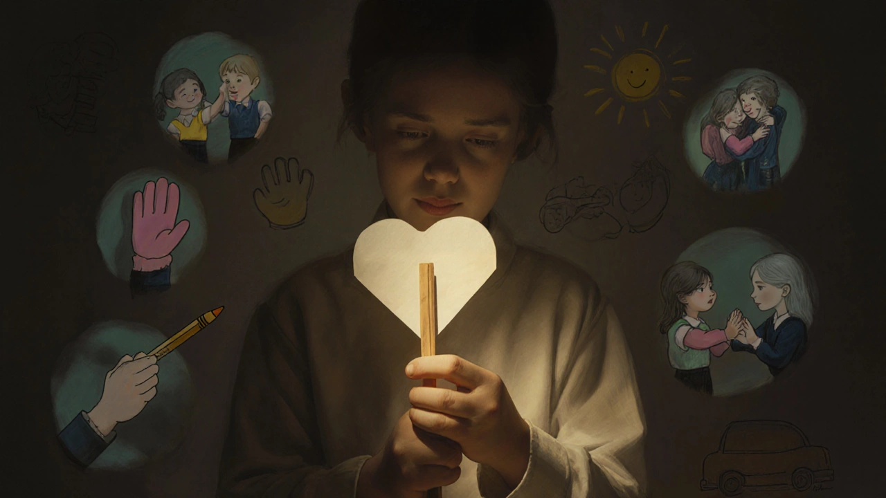 Ребёнок держит листок с палочкой — символ благодарности — вокруг него витают тёплые воспоминания о доброте.