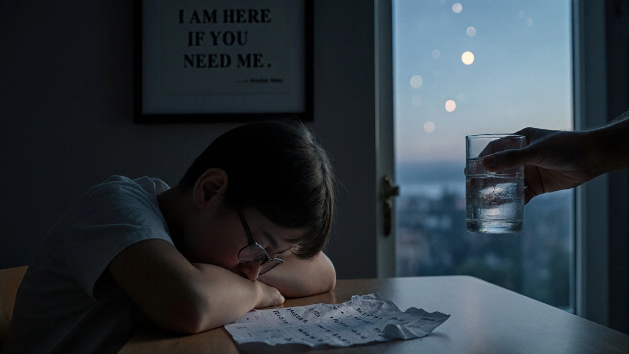 Ребёнок плачет за столом, родитель ждёт с водой в дверном проёме.