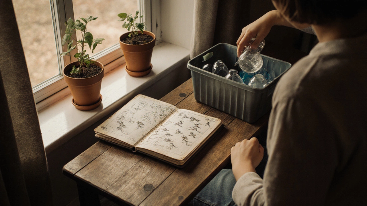 Ребёнок поливает растение дома, родитель сортирует пластик, на столе — наблюдения за птицами.
