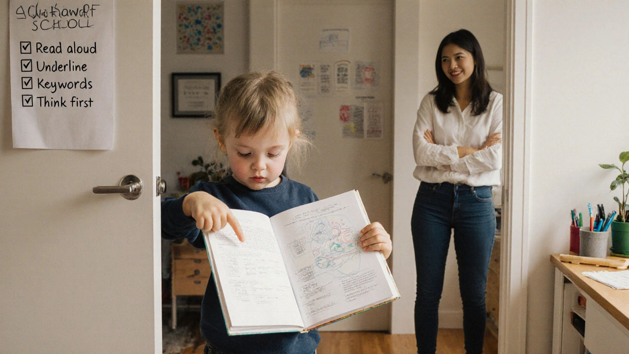 Ребёнок самостоятельно разбирает учебник, родитель наблюдает с двери.