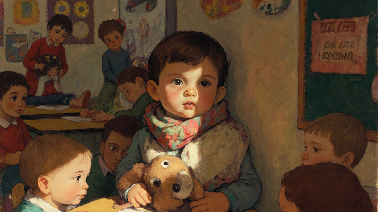 Ребёнок сидит в углу садика, обнимает игрушку, другие дети играют вокруг.