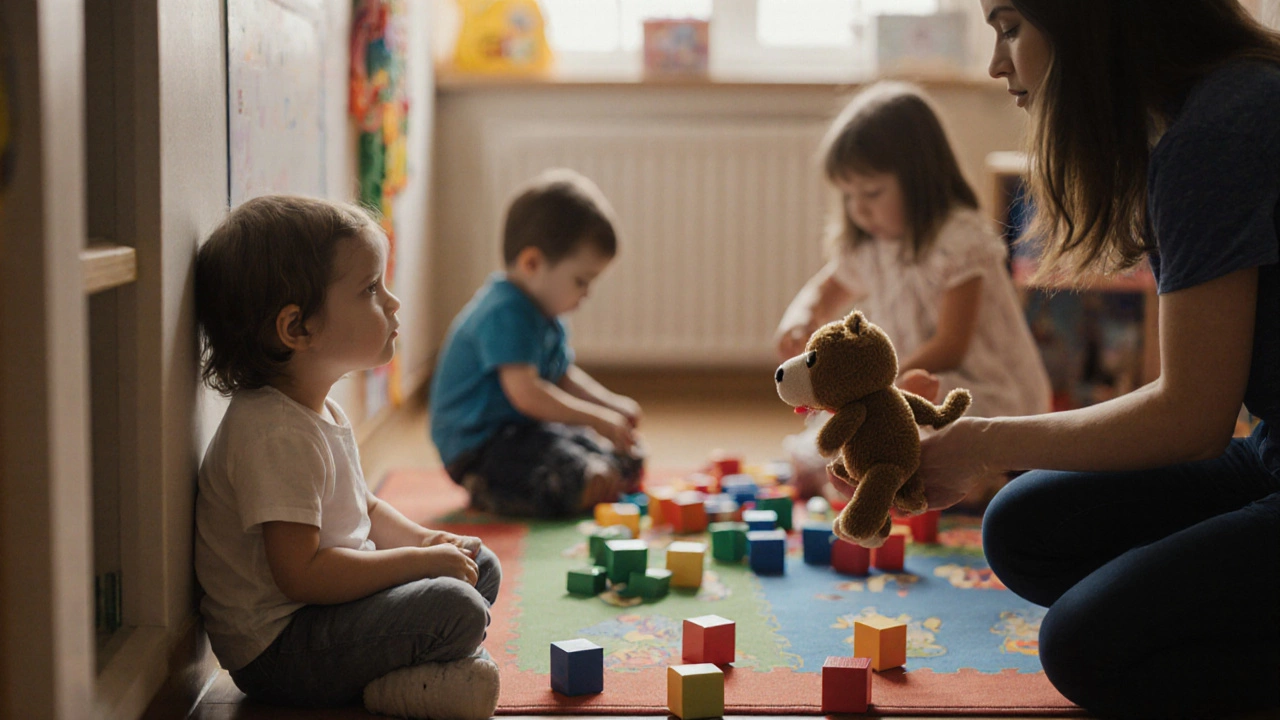 Ребёнок смотрит на других детей, играющих в группе, а воспитатель предлагает игрушку.