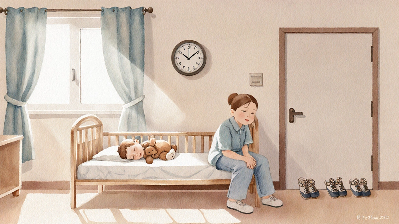 Ребёнок спит на койке в детском саду, обнимая плюшевого мишку, воспитатель сидит рядом в тихом свете.