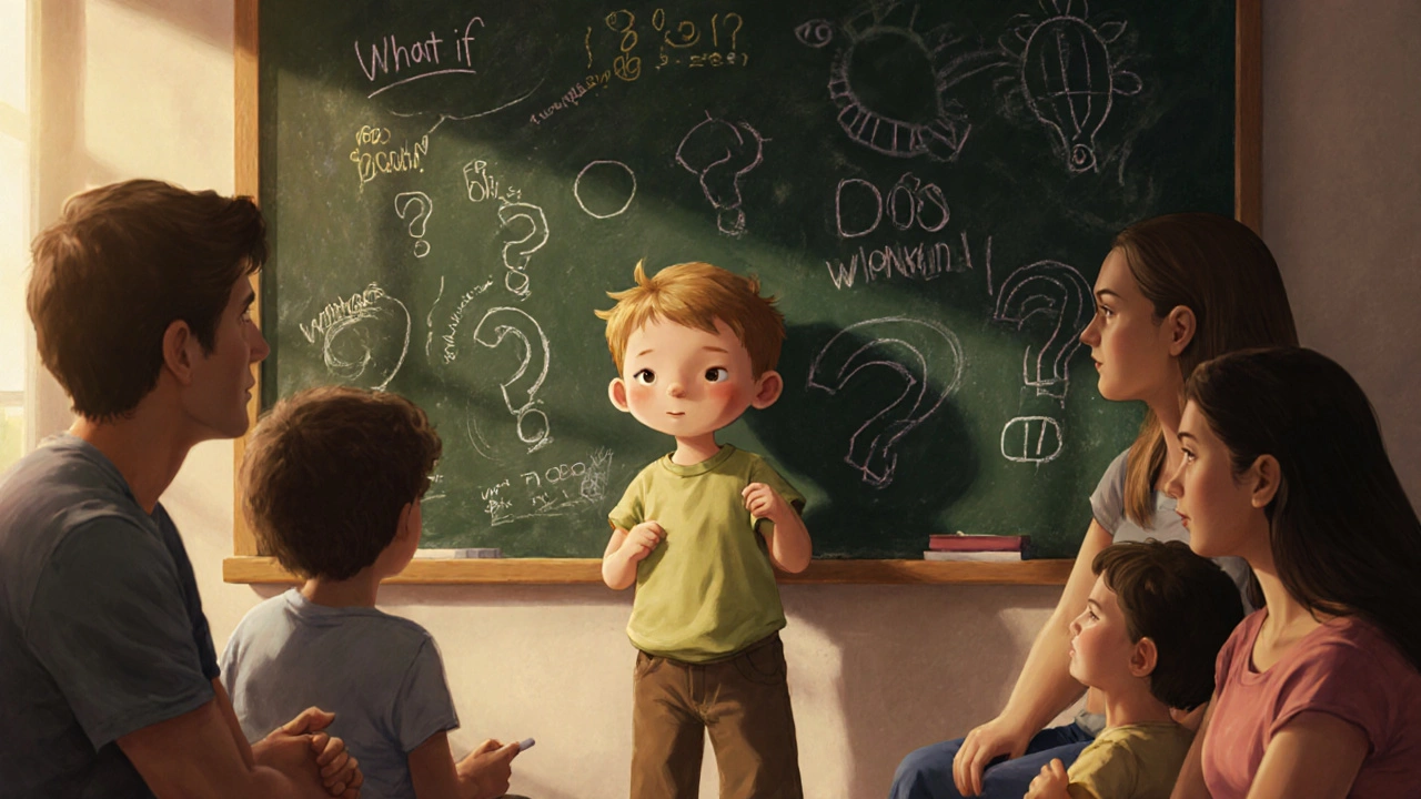 Ребёнок стоит у доски с идеями, семья внимательно слушает его мысли.