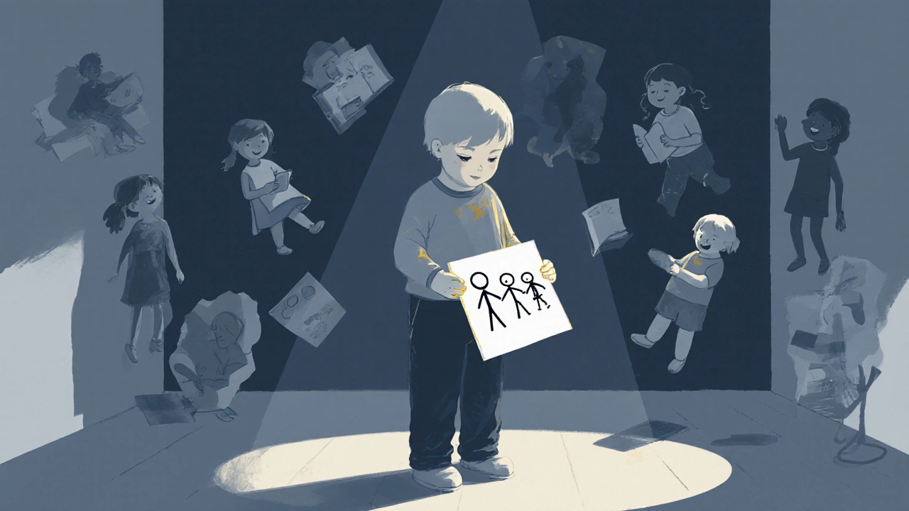 Ребёнок стоит в тени, окруженный мелькающими образами других детей, смотрит на свой рисунок.