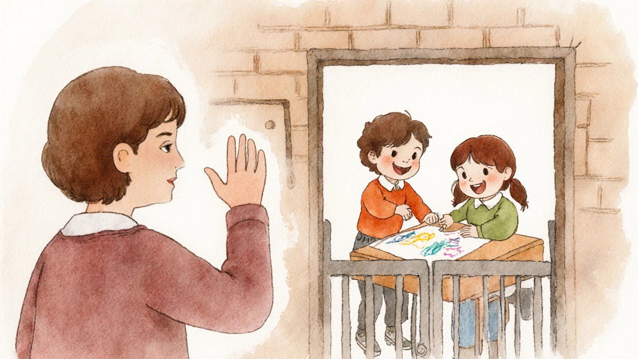 Ребёнок улыбается, рисуя с другом, а родитель машет на прощание у ворот сада.