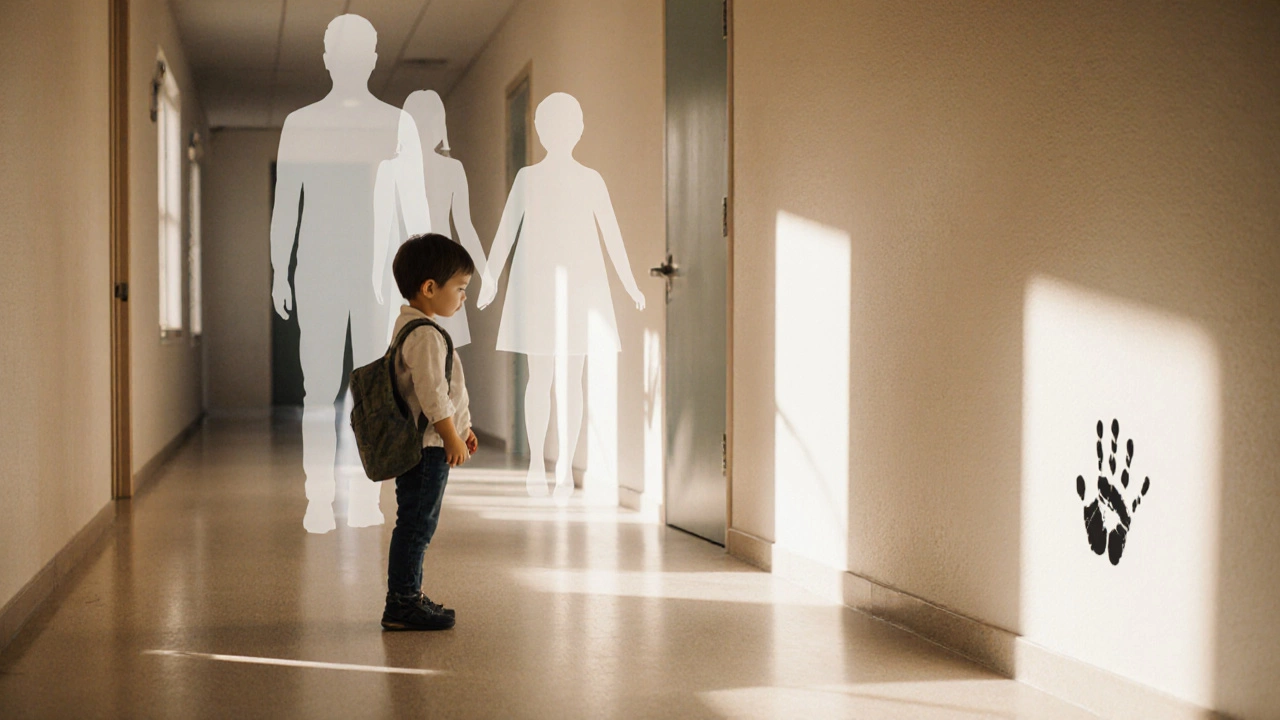 Ребёнок в коридоре садика, за ним прозрачные силуэты родителей и след руки на стене.