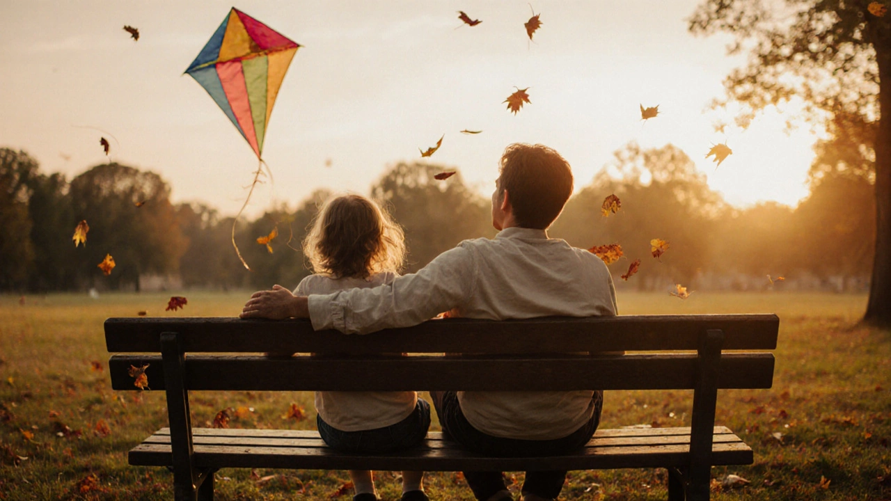 Родитель и ребёнок сидят на скамейке на закате, наблюдают за воздушным змеем.