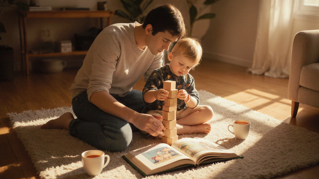 Родитель и ребёнок вместе читают книгу и строят башню из блоков дома.