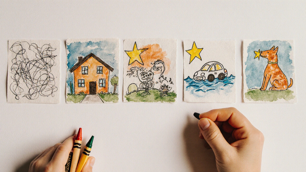 Серия детских рисунков, показывающих эволюцию творчества от каракуль к фантазиям.