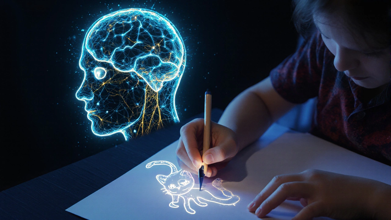 Схема мозга ребёнка с активными нейронными связями во время рисования кошки.