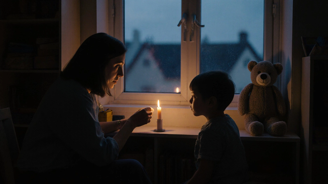 Воспитатель зажигает электрическую свечу, ребёнок смотрит с тишиной