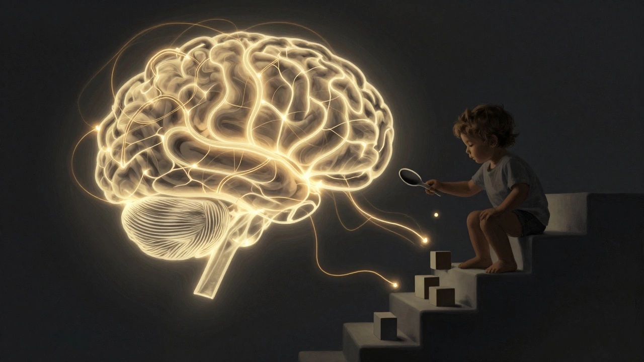 Абстрактное изображение мозга ребенка с активными нейронными связями, связанными с движением, речью и игрой.