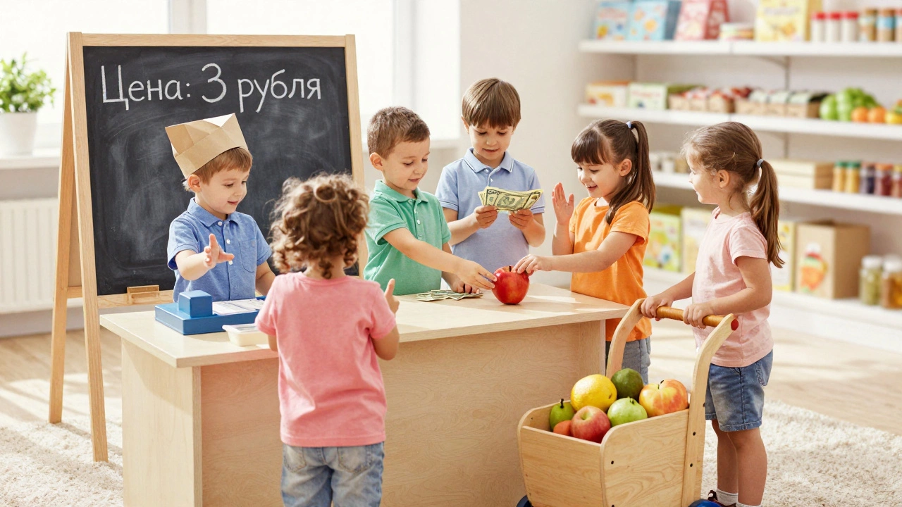 Дети играют в магазин: один кассир, другой покупатель, все взаимодействуют с игрушками.