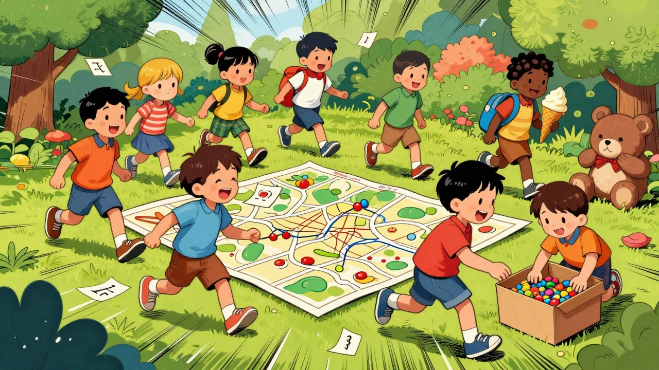 Дети ищут подсказки на квесте в саду, один из них смеётся, держа в руках плюшевого медведя.