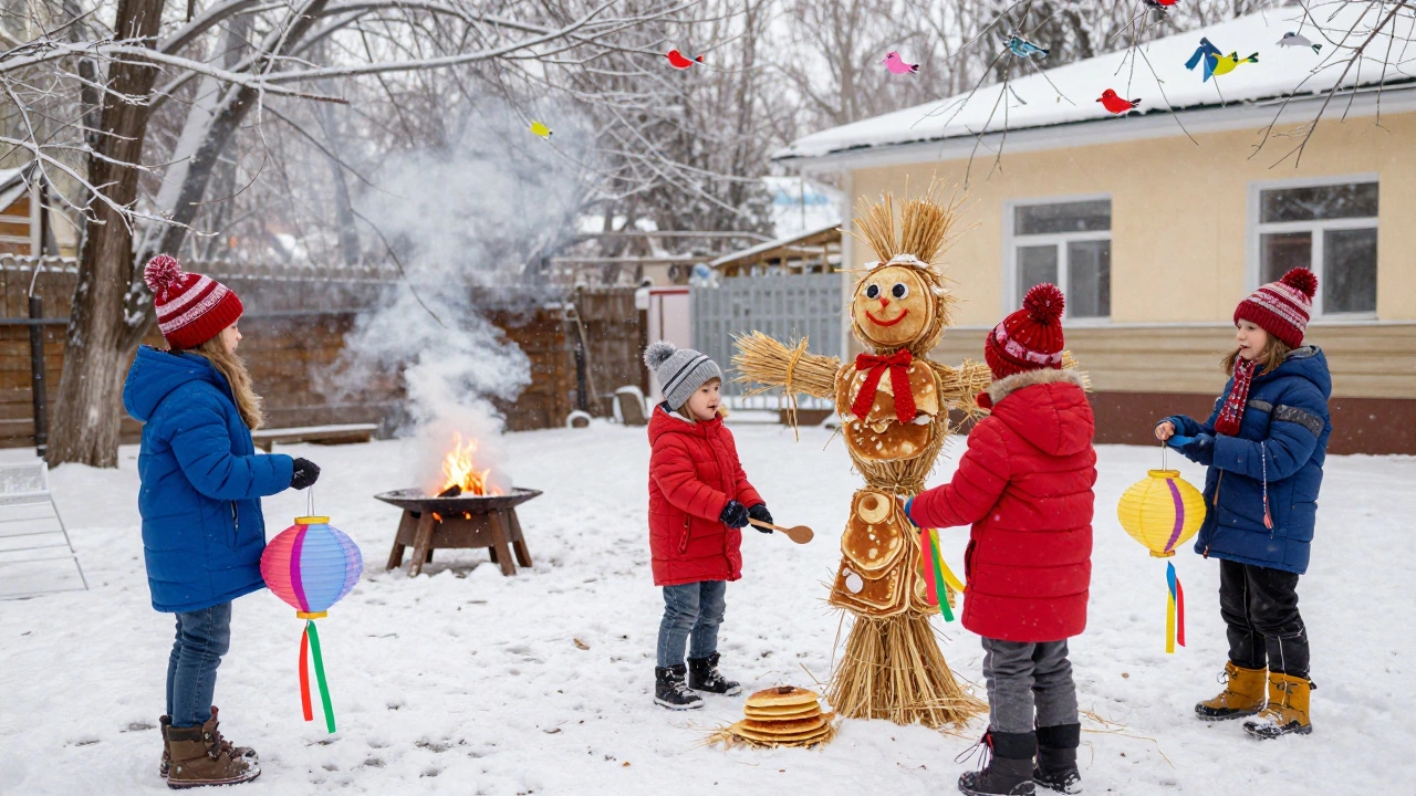 Дети празднуют Масленицу во дворе детского сада в Новосибирске, сжигая чучело и держа бумажные фонарики.