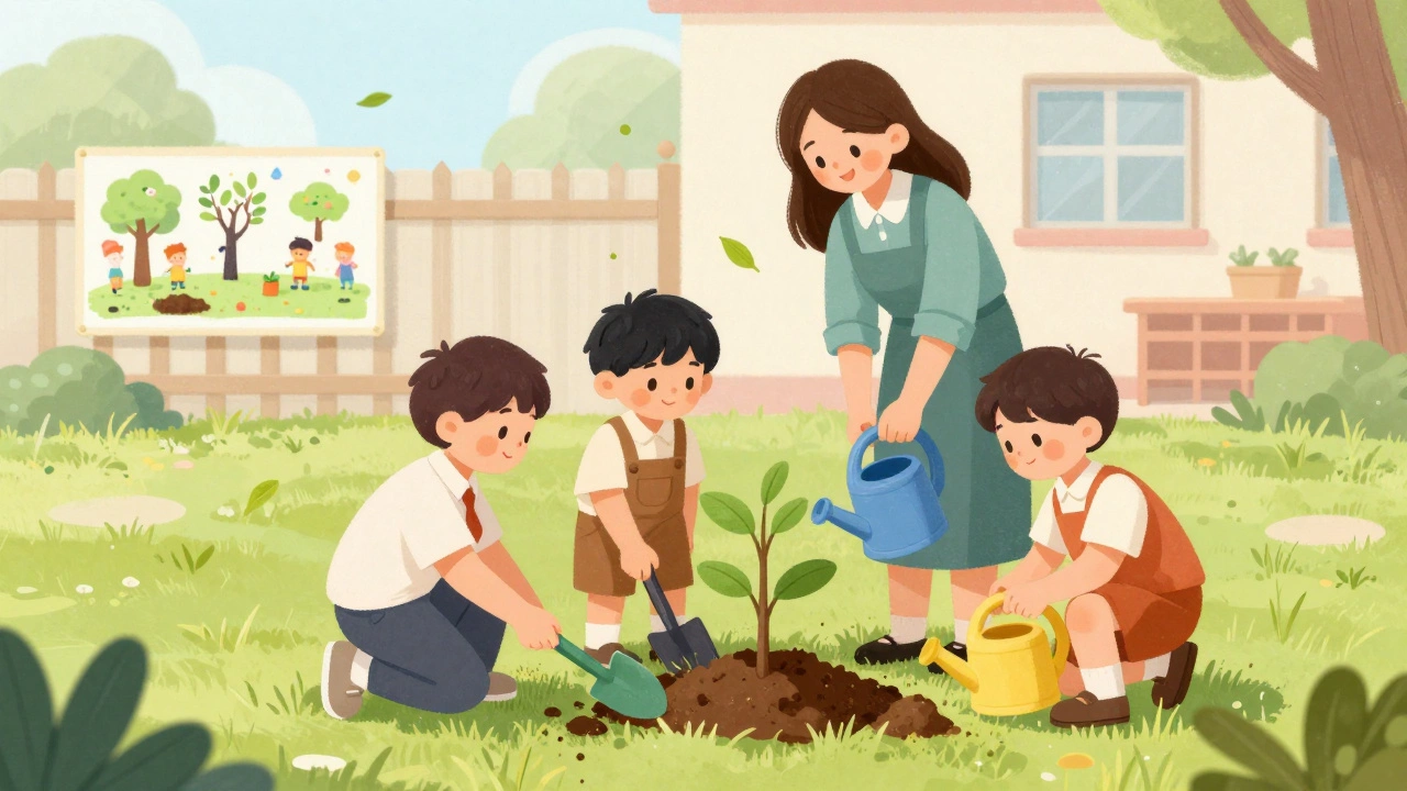 Дети сажают дерево весной на участке детского сада.