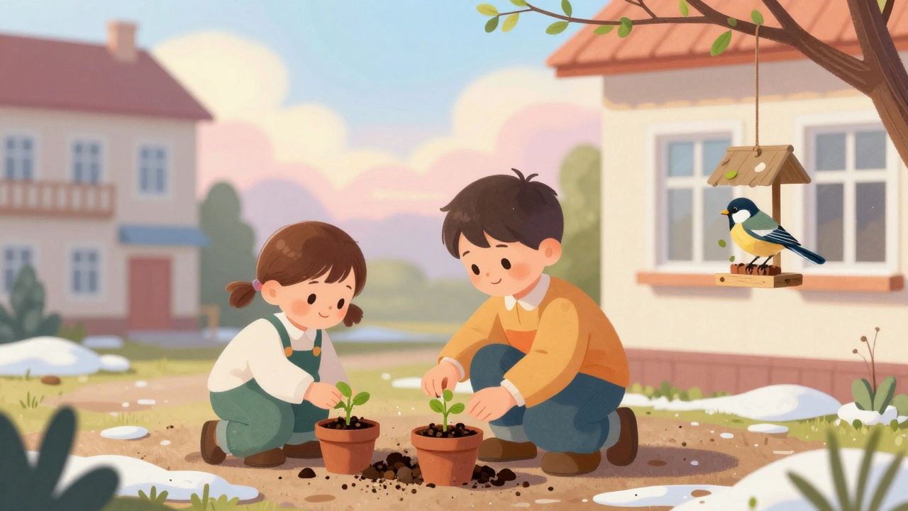 Дети сажают семена весной на территории детского сада, наблюдают за птицей у кормушки.