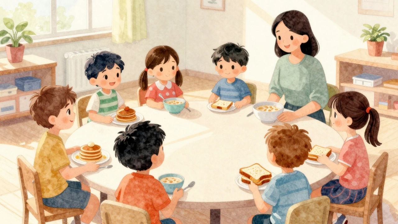 Дети в детском саду делятся завтраками, слушая друг друга с интересом.