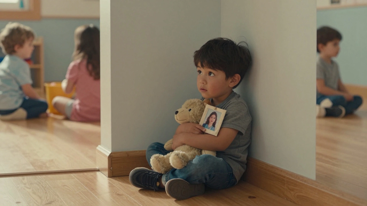 Маленький мальчик сидит в углу детского сада, обнимает любимую игрушку и платочек с фото мамы, другие дети играют вдали.