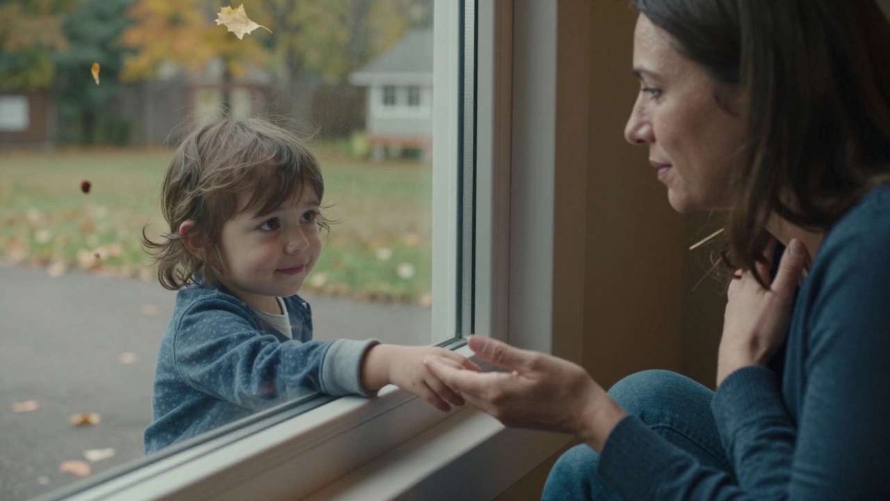 Мать смотрит в окно детского сада, где ребенок осторожно берет воспитательницу за руку, глядя назад с надеждой.