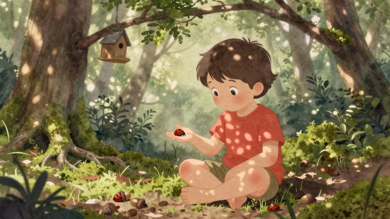 Ребёнок наблюдает за божьей коровкой на ладони в лесу, вокруг — мох и желуди.