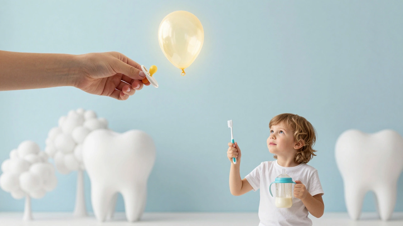 Ребёнок отпускает соску, которая улетает в небо, держит зубную щётку и кружку.