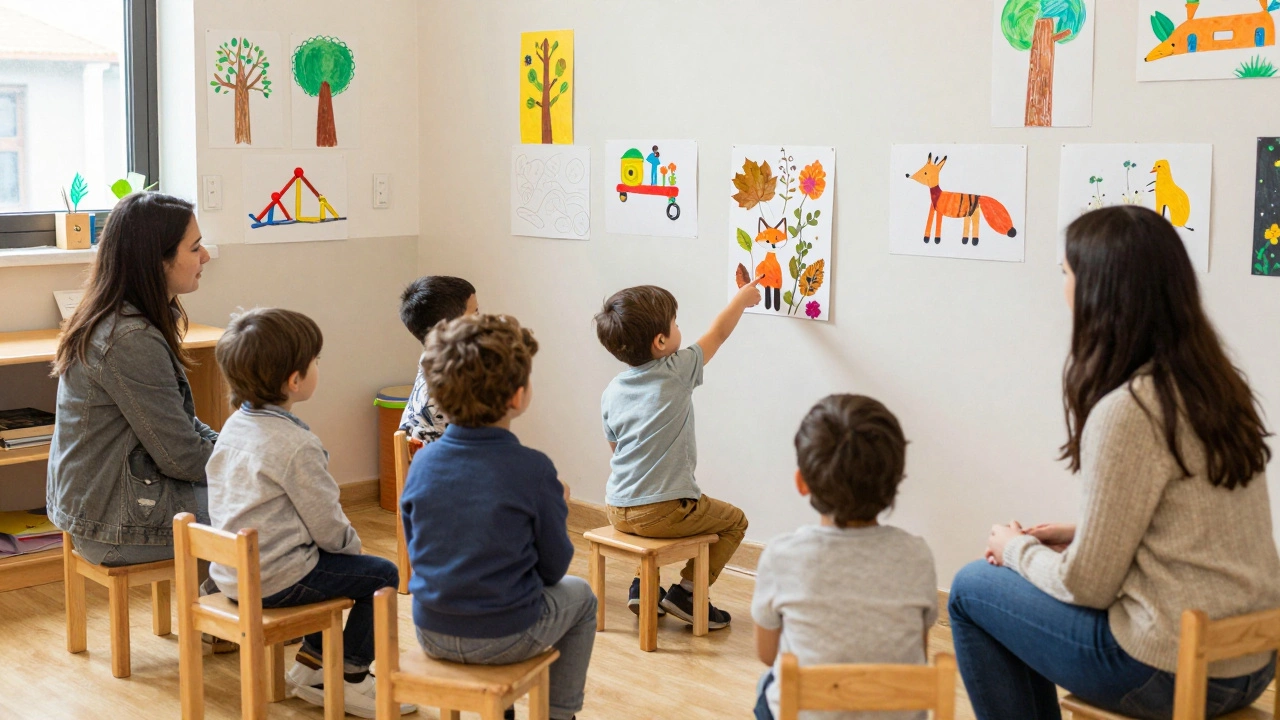 Ребёнок показывает родителям свою работу из листьев на выставке в детском саду, другие дети внимательно слушают.