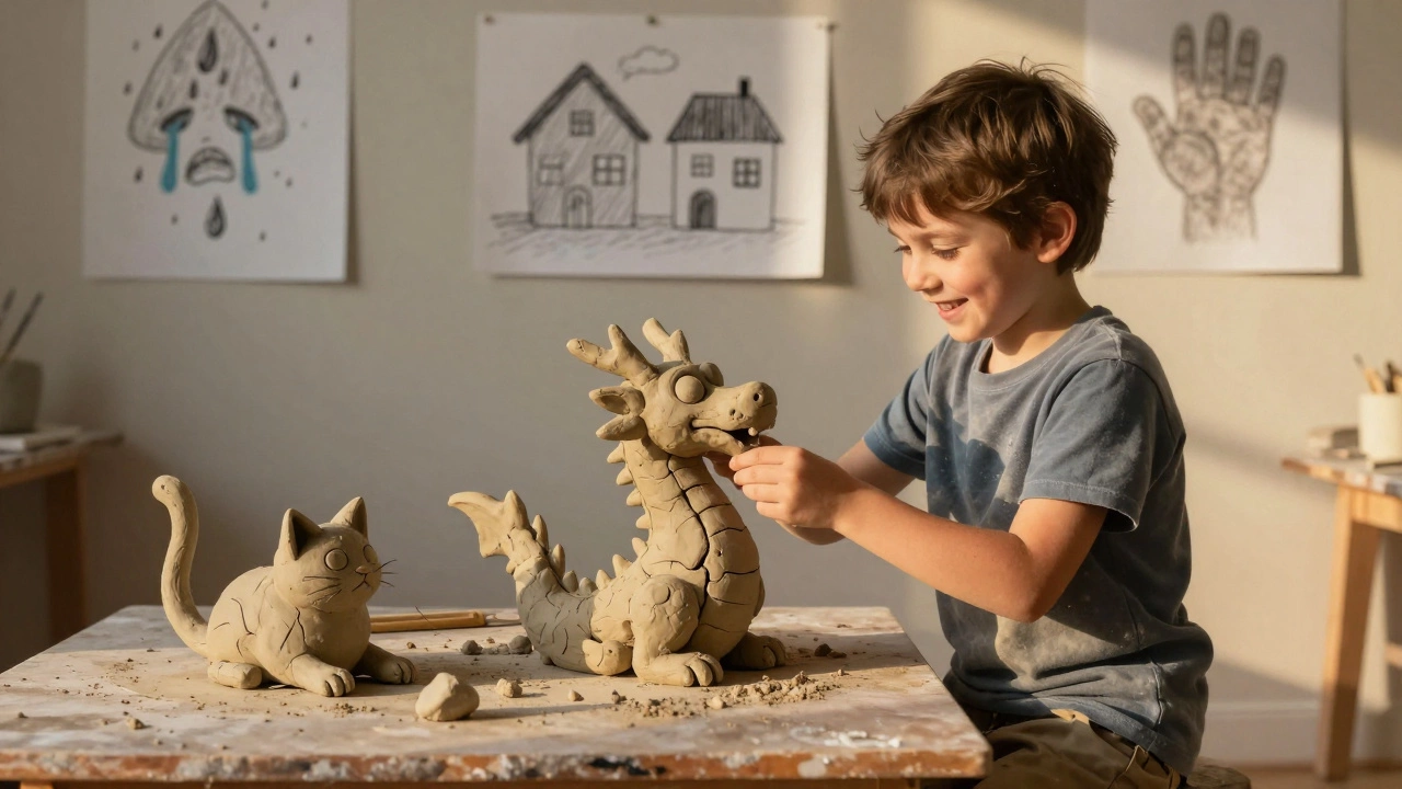 Ребёнок превращает развалившуюся глиняную кошку в дракона, улыбаясь с воодушевлением.