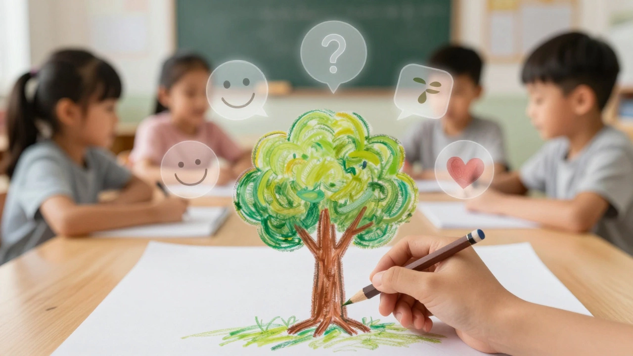 Ребёнок рисует дерево, вокруг него — символы дружбы, вопросов и заботы.