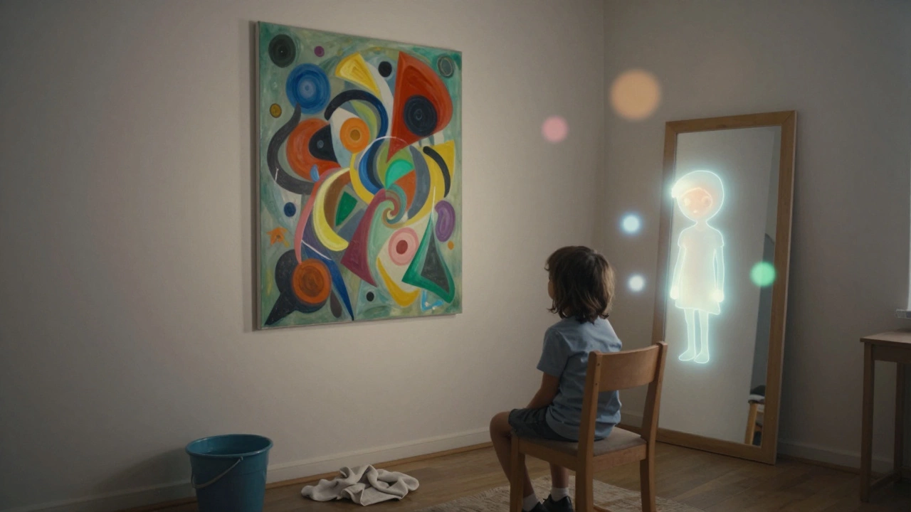 Ребёнок смотрит на свою картину, её отражение в зеркале становится частью искусства.
