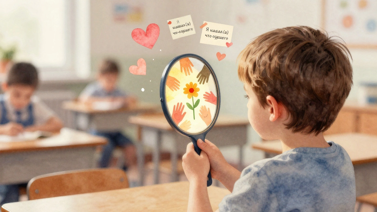 Ребёнок смотрит в зеркало, где отражаются добрые поступки.