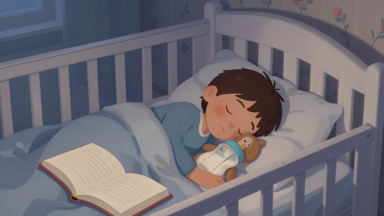 Ребенок спит в кроватке, вместо соски — мягкая игрушка и книжка.
