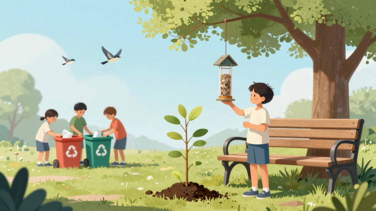 Ребёнок стоит у саженца, держит кормушку для птиц, вдалеке — другие дети сортируют мусор.