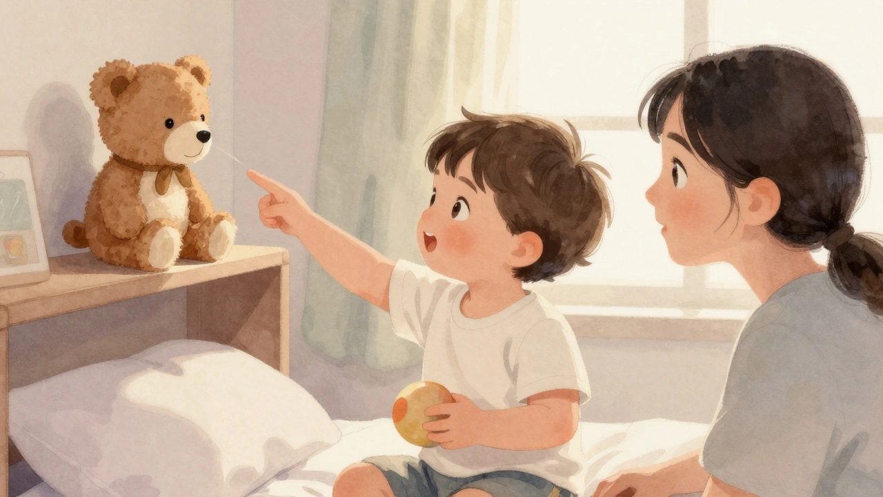 Ребенок указывает на игрушку, глядя на родителя, оба смотрят друг другу в глаза.