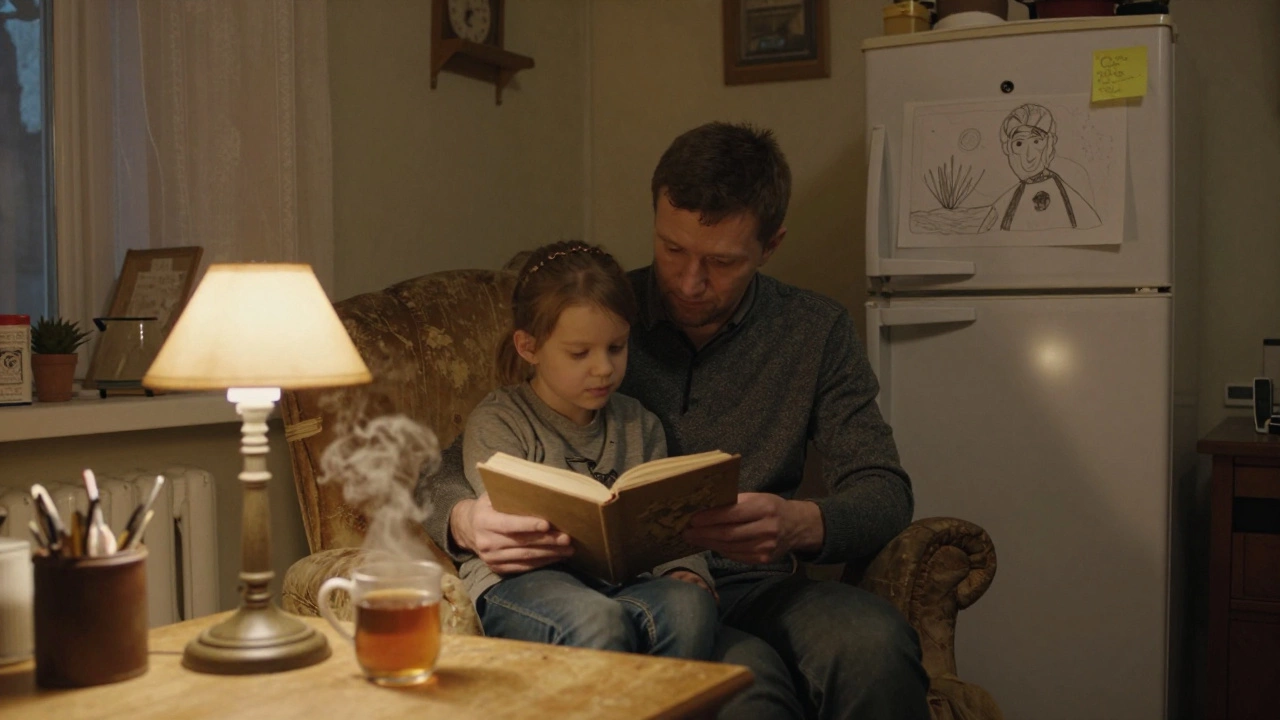 Родитель и ребёнок читают книгу вечером под тёплым светом лампы.